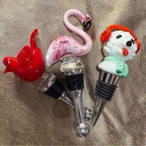 Set of Three Decorative Wine Stoppers red bird pink flamingo snow dog in bag
